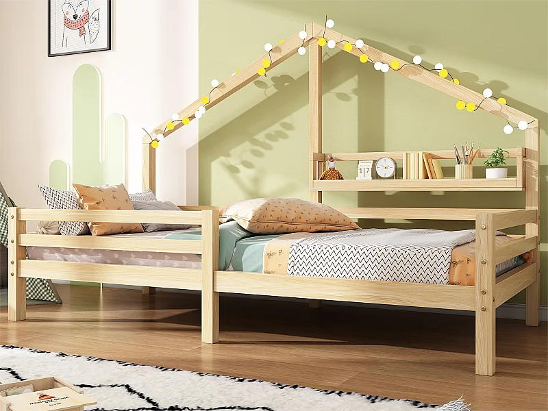 Hochbett 90x200cm aus Massivholz – mit Regalen – Natur