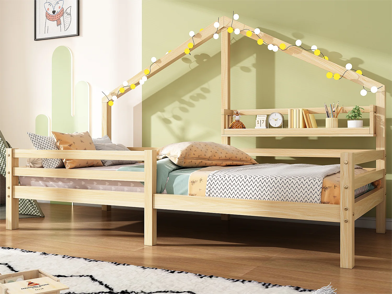 Lit cabane 90x200cm en bois massif - avec étagères - Naturel