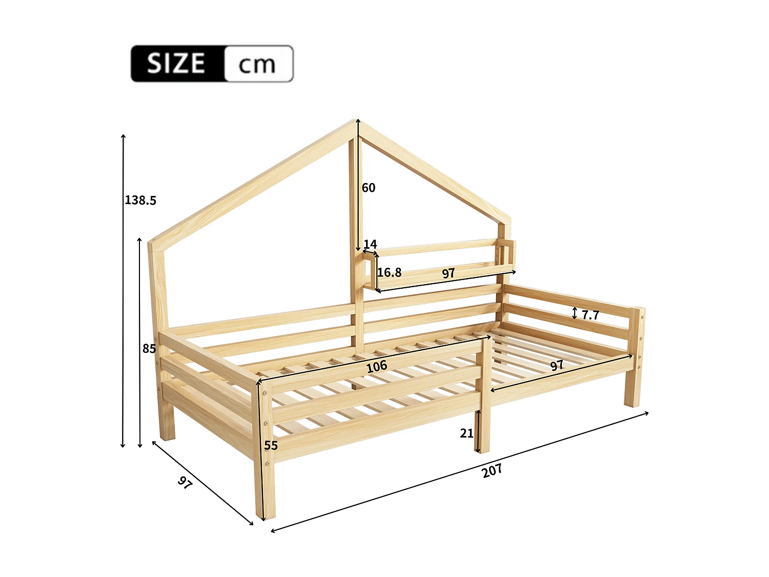 Łóżko domek 90x200cm z litego drewna - z półkami - Naturalne