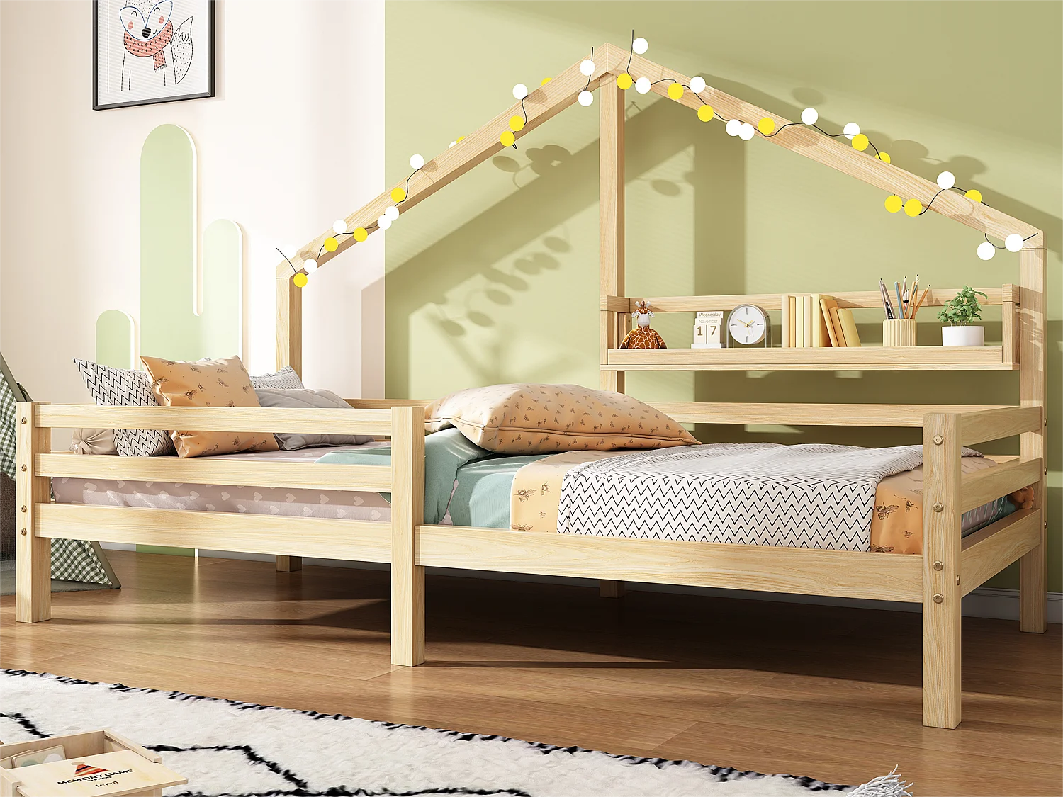 Lit cabane 90x200cm en bois massif - avec étagères - Naturel