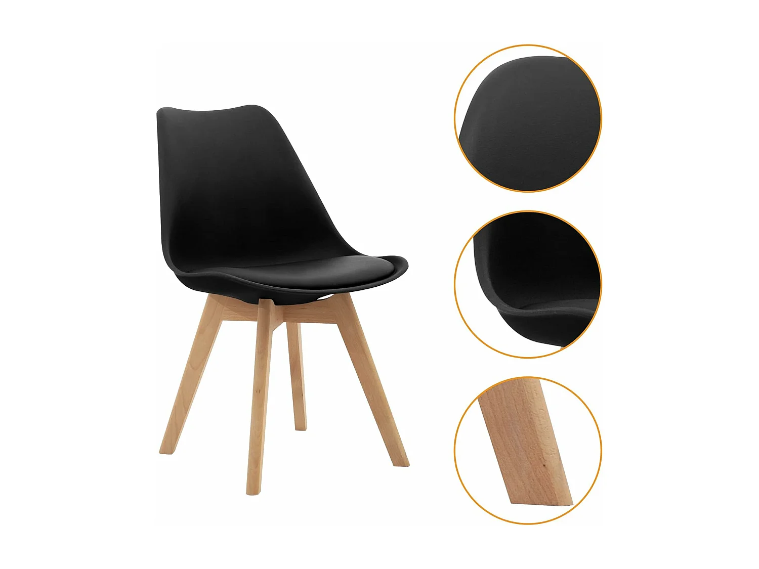 Lot de 4 chaises - Noir - Chaise Scandinave - Pieds en bois (4 chaises dans un colis)