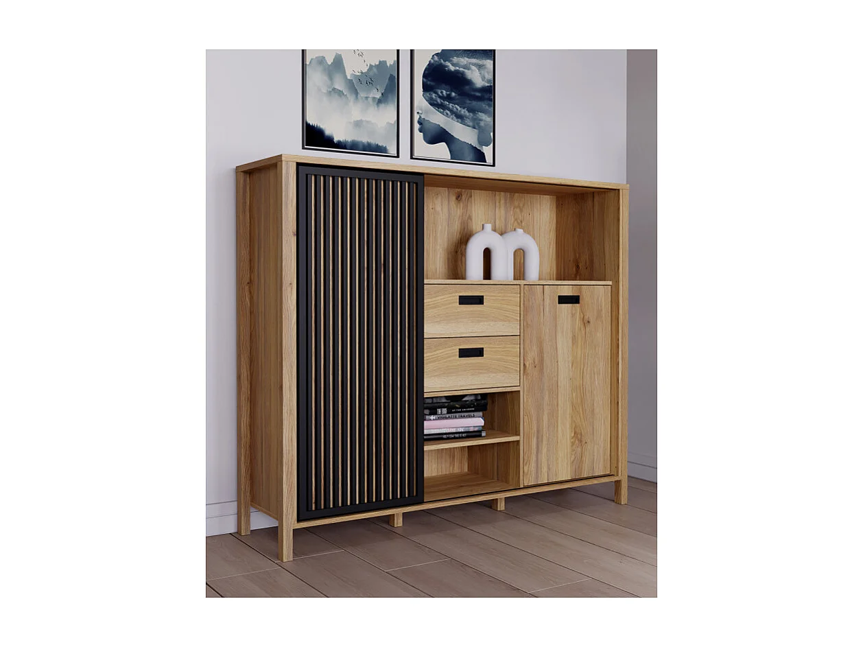 Armoirette 150 cm décor chêne porte coulissante ajourée noire - SELENA