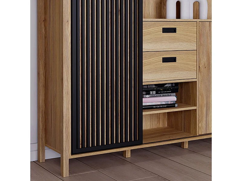 Armoirette 150 cm décor chêne porte coulissante ajourée noire - SELENA