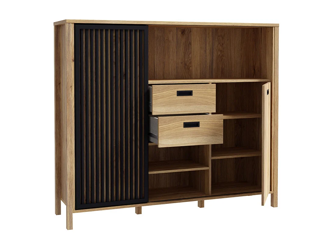 Armoirette 150 cm décor chêne porte coulissante ajourée noire - SELENA