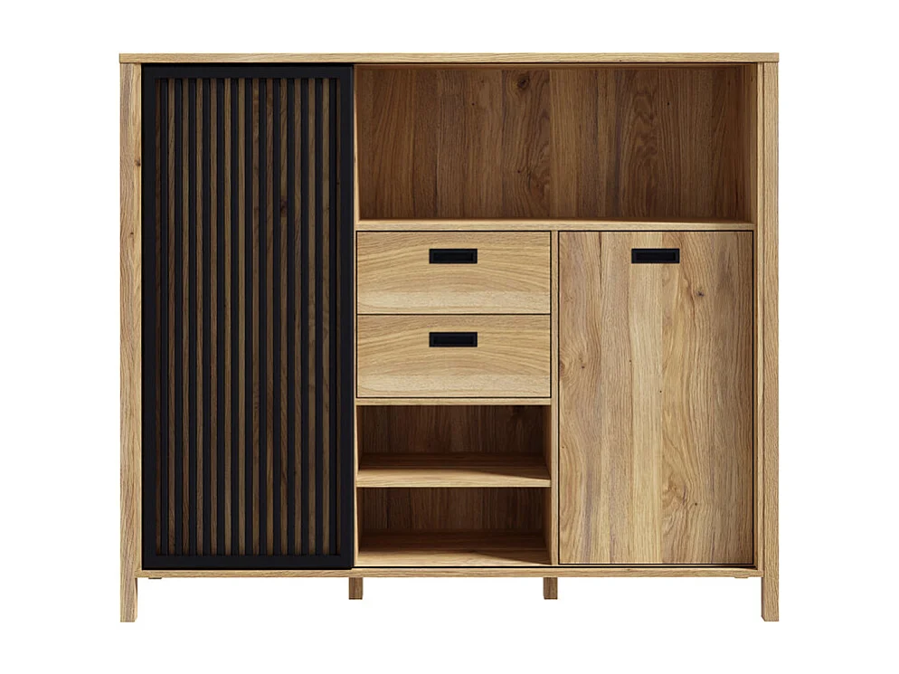 Armoirette 150 cm décor chêne porte coulissante ajourée noire - SELENA