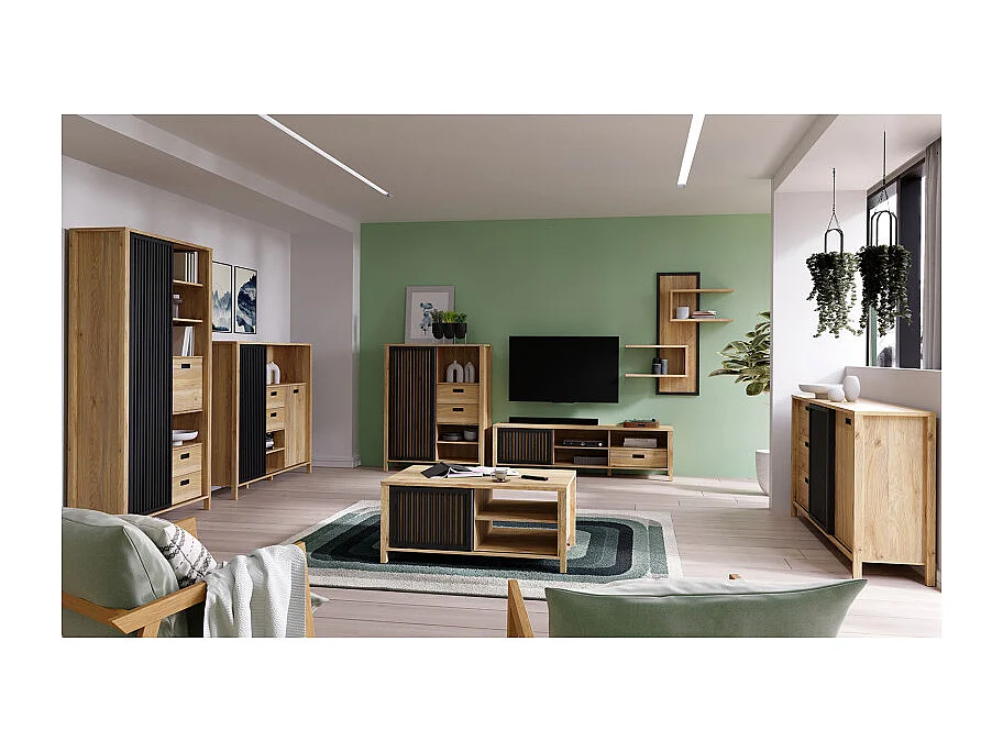 Armoirette 150 cm décor chêne porte coulissante ajourée noire - SELENA