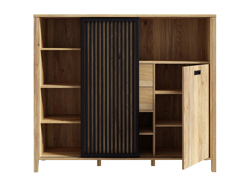 Armoirette 150 cm décor chêne porte coulissante ajourée noire - SELENA