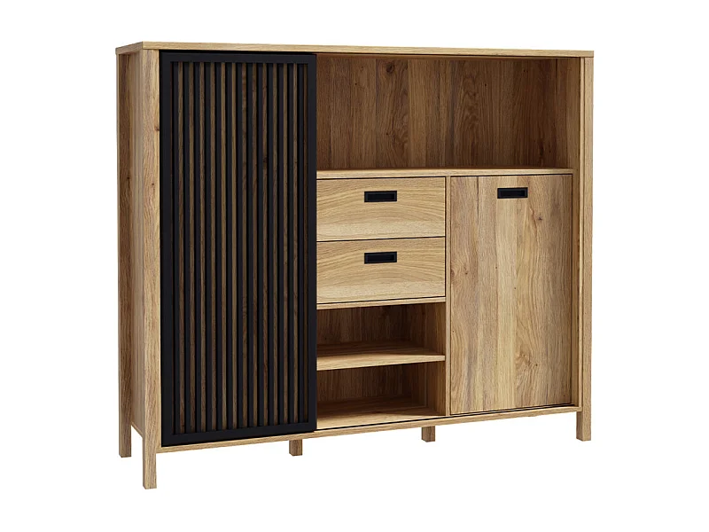 Armoirette 150 cm décor chêne porte coulissante ajourée noire - SELENA