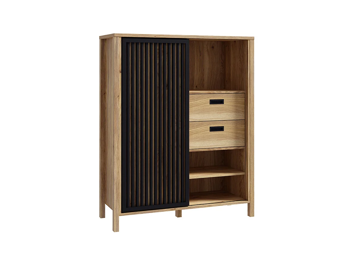 Armoirette 103 cm décor chêne porte coulissante ajourée noire - SELENA
