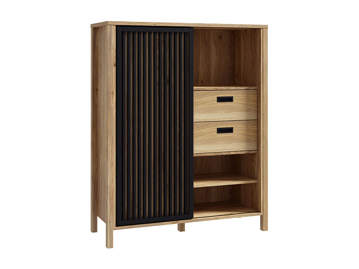 Armoirette 103 cm décor chêne porte coulissante ajourée noire - SELENA