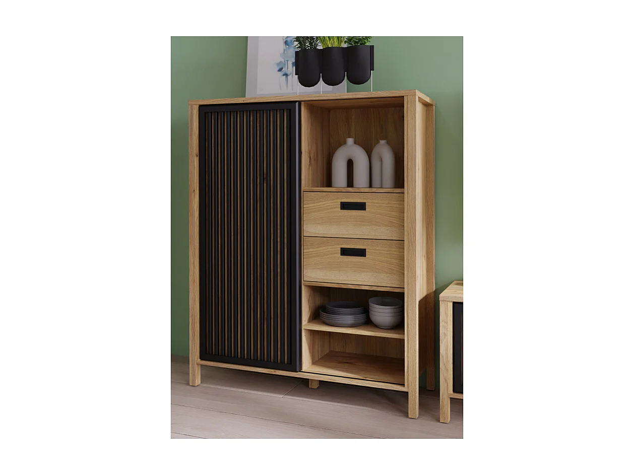 Armoirette 103 cm décor chêne porte coulissante ajourée noire - SELENA