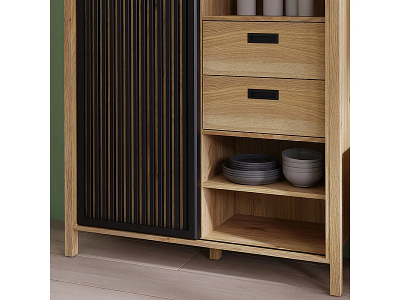 Armoirette 103 cm décor chêne porte coulissante ajourée noire - SELENA