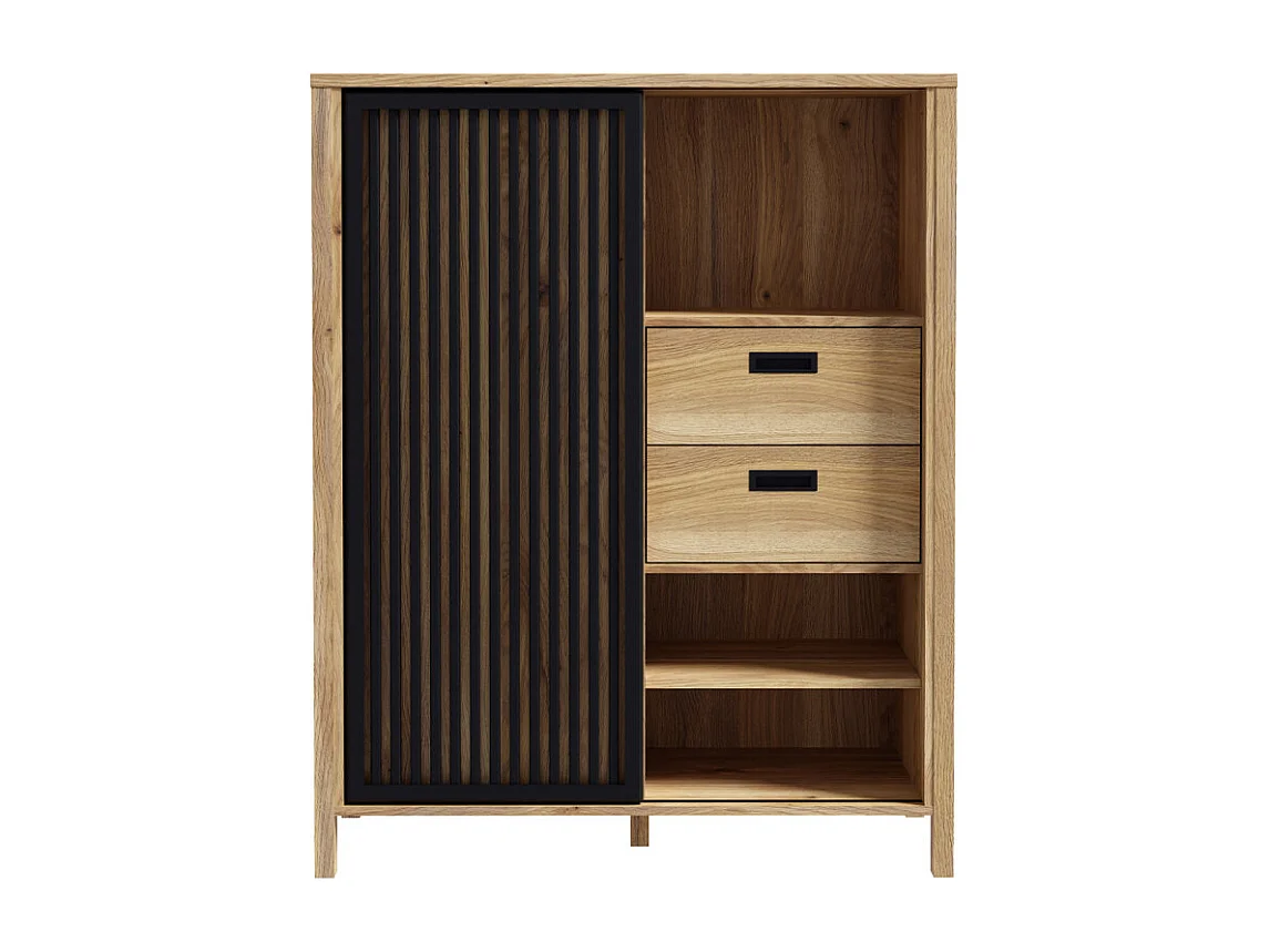 Armoirette 103 cm décor chêne porte coulissante ajourée noire - SELENA
