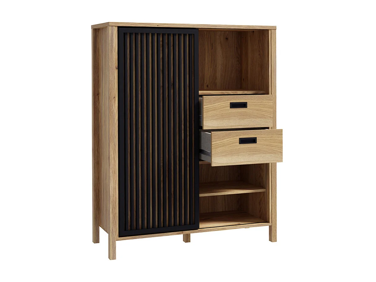 Armoirette 103 cm décor chêne porte coulissante ajourée noire - SELENA