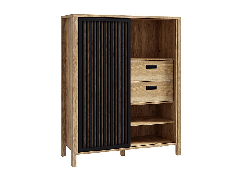 Armoirette 103 cm décor chêne porte coulissante ajourée noire - SELENA