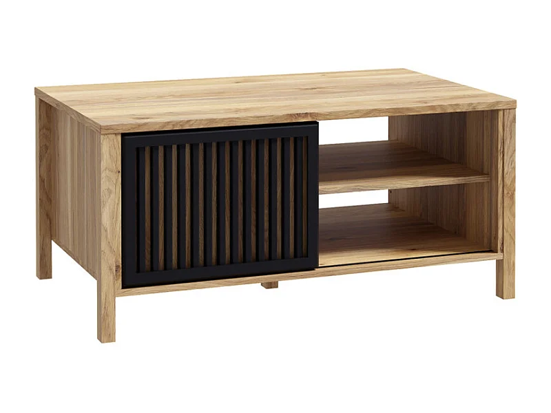 Table basse décor chêne avec porte coulissante ajourée noire - SELENA