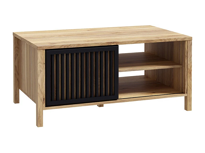 Table basse décor chêne avec porte coulissante ajourée noire - SELENA