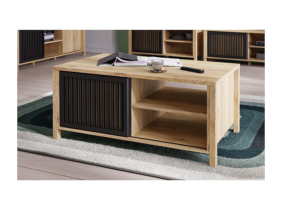 Table basse décor chêne avec porte coulissante ajourée noire - SELENA