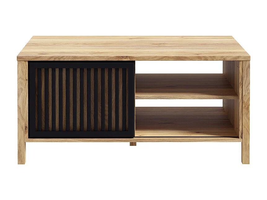 Table basse décor chêne avec porte coulissante ajourée noire - SELENA