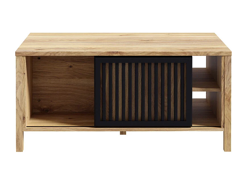 Table basse décor chêne avec porte coulissante ajourée noire - SELENA