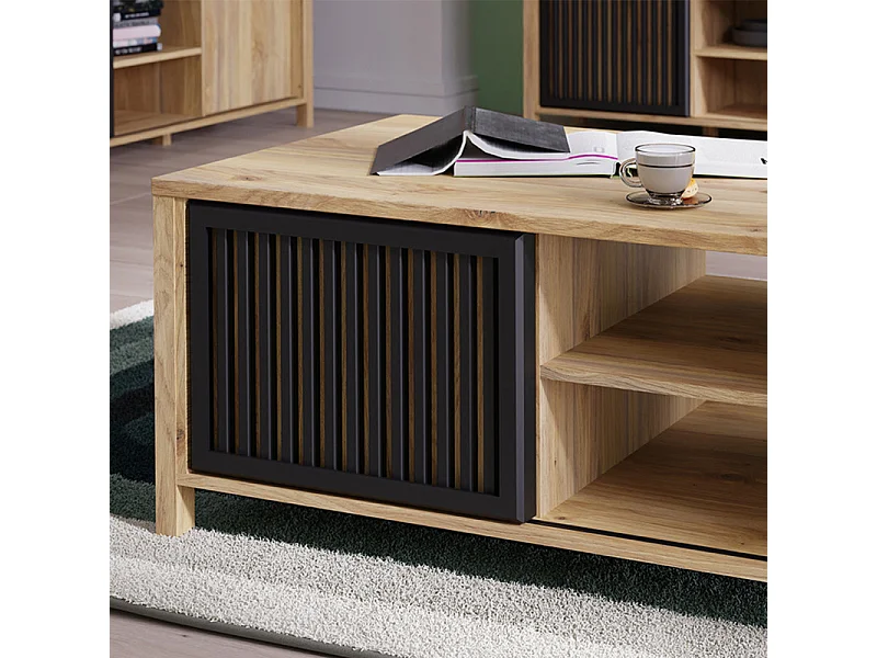 Table basse décor chêne avec porte coulissante ajourée noire - SELENA