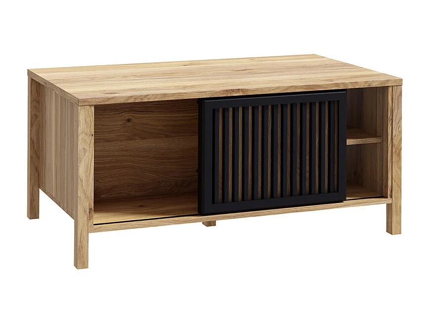 Table basse décor chêne avec porte coulissante ajourée noire - SELENA