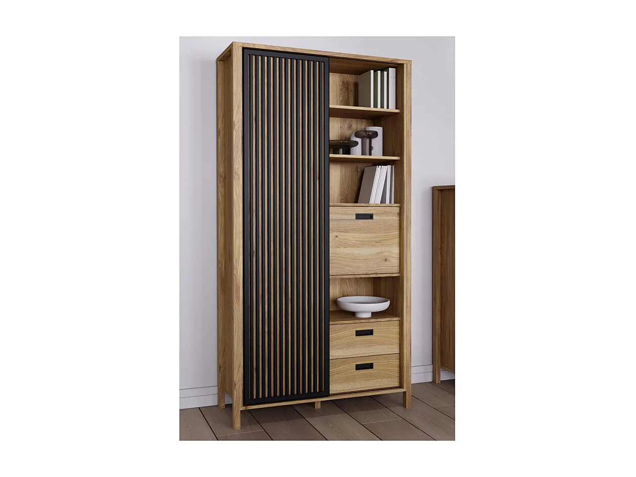 Vaisselier décor chêne avec porte coulissante ajourée noire - SELENA