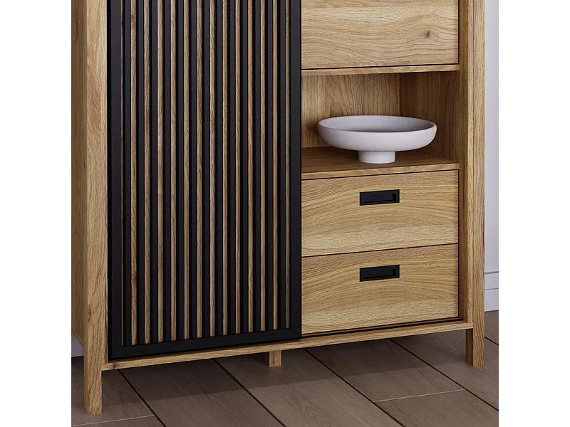 Vaisselier décor chêne avec porte coulissante ajourée noire - SELENA