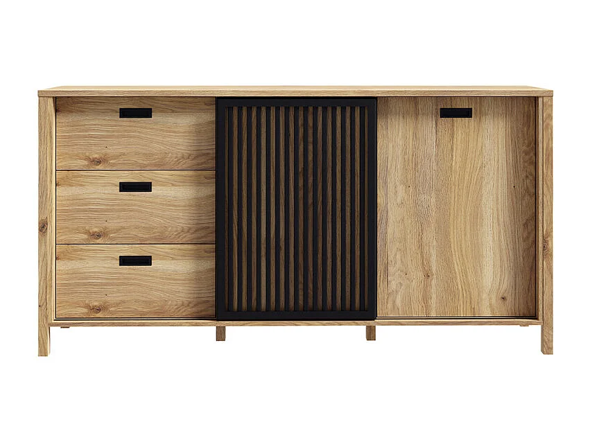 Buffet L. 175 cm décor chêne porte coulissante ajourée noire - SELENA