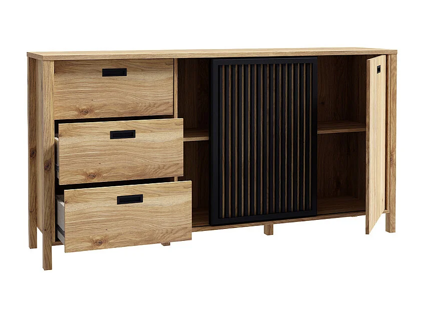 Buffet L. 175 cm décor chêne porte coulissante ajourée noire - SELENA