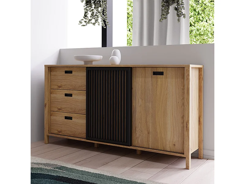 Buffet L. 175 cm décor chêne porte coulissante ajourée noire - SELENA