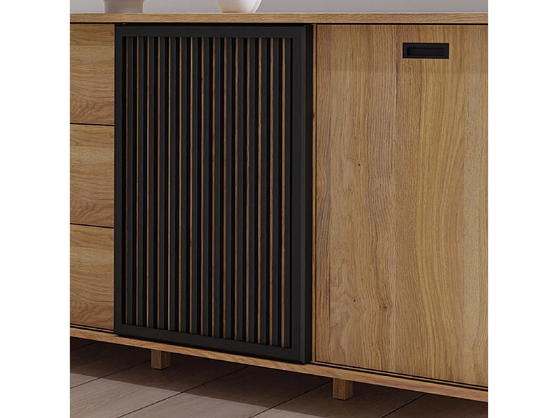 Buffet L. 175 cm décor chêne porte coulissante ajourée noire - SELENA