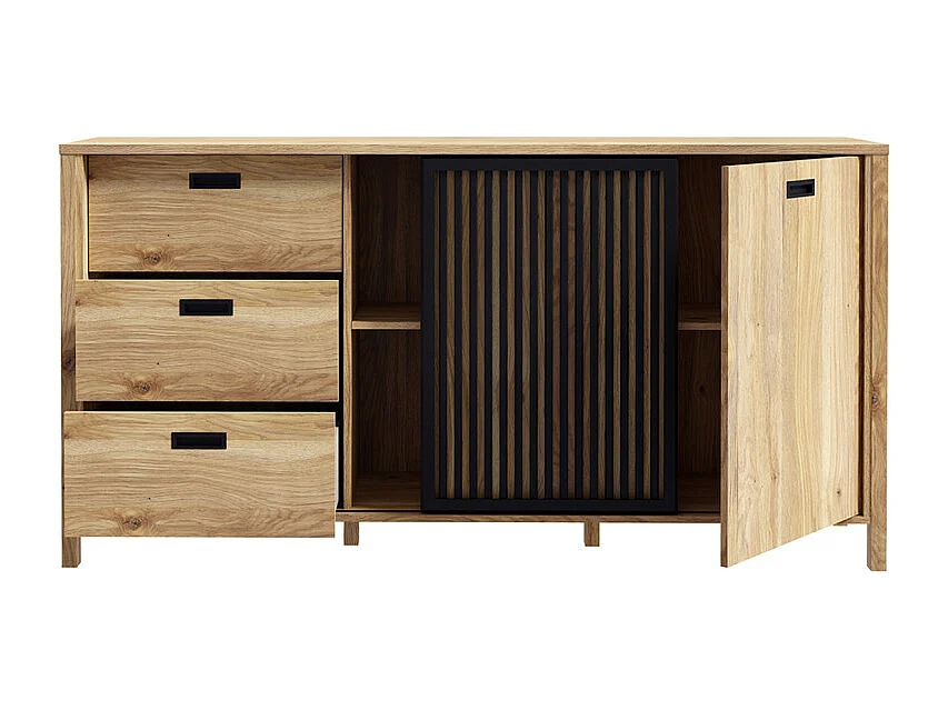 Buffet L. 175 cm décor chêne porte coulissante ajourée noire - SELENA