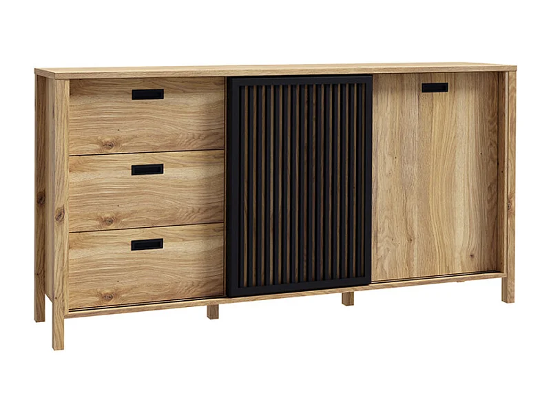 Buffet L. 175 cm décor chêne porte coulissante ajourée noire - SELENA