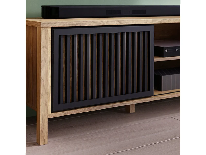 Meuble TV décor chêne avec porte coulissante ajourée noire - SELENA