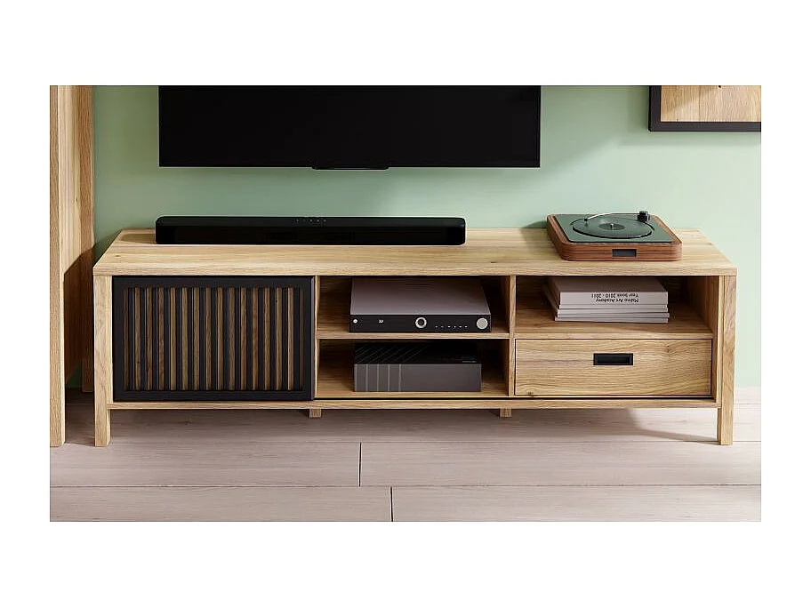 Meuble TV décor chêne avec porte coulissante ajourée noire - SELENA