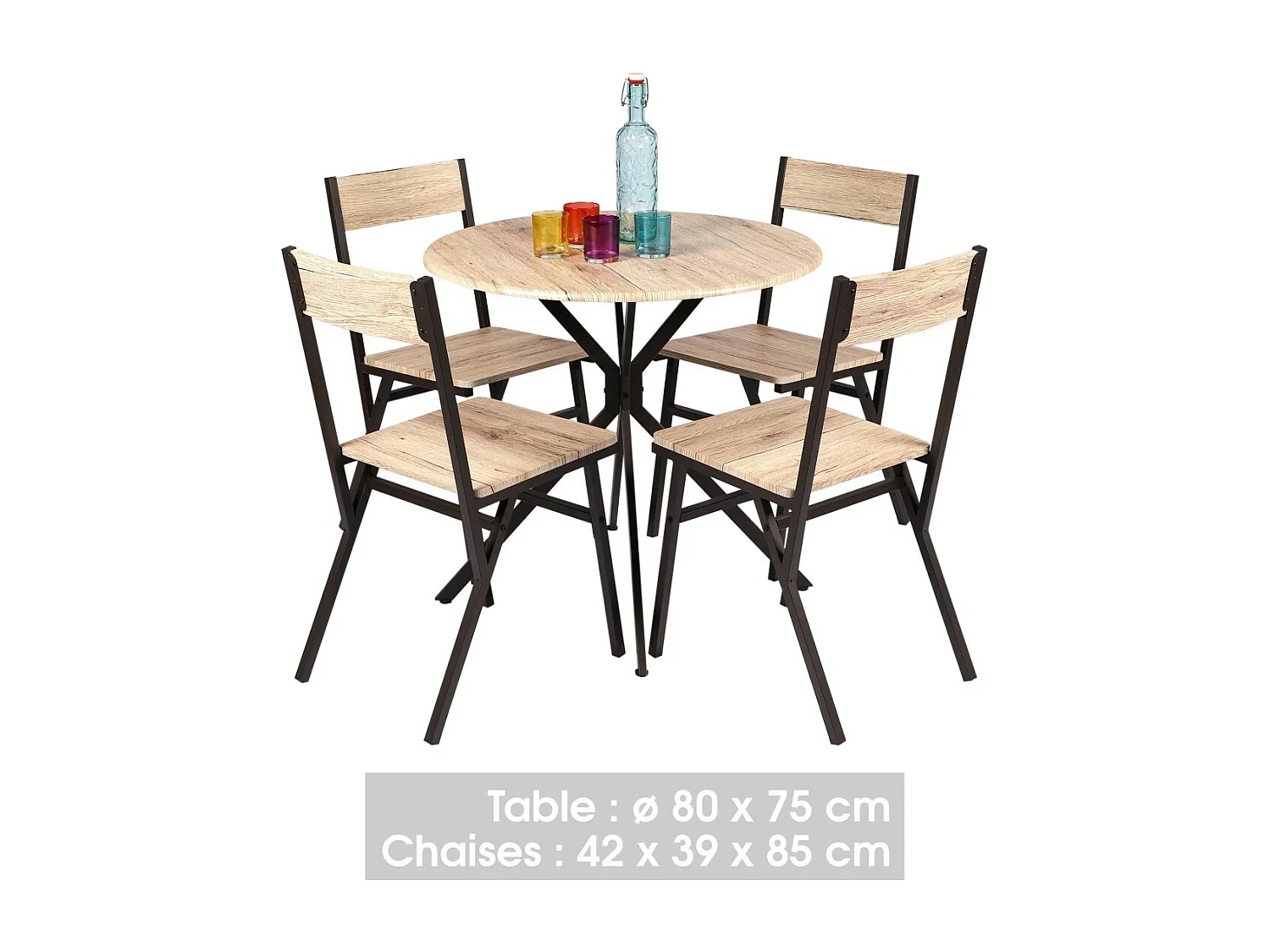 Ronde eettafel met 4 stoelen collectie DARYL - Afmetingen 80x80x75 cm, kleur eiken en zwart