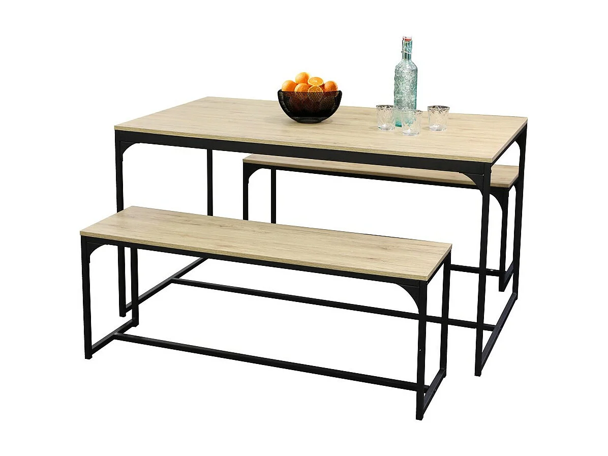 Table à manger Dock avec 2 bancs imitation chêne clair collection RANONG – Dimensions 140x35x46 cm