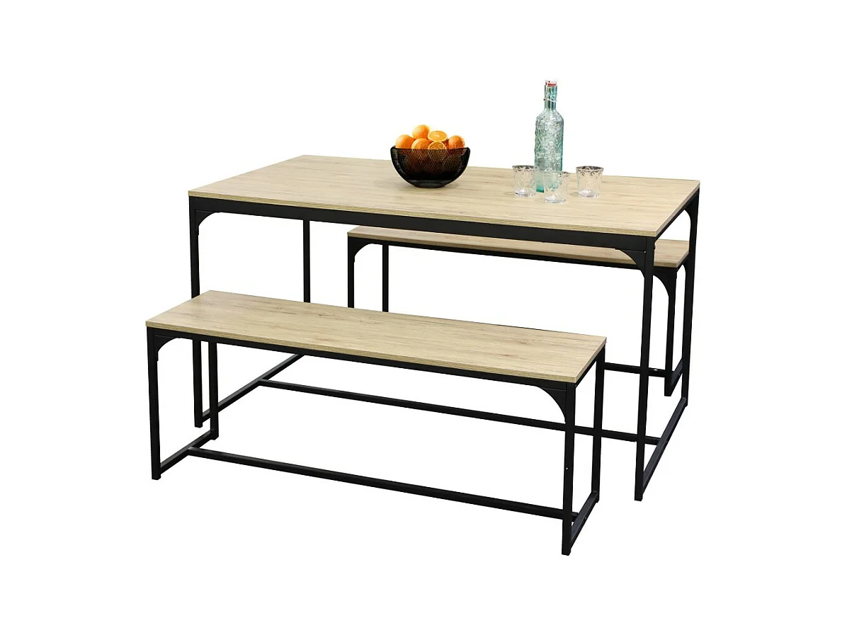 Table à manger Dock avec 2 bancs imitation chêne clair collection RANONG – Dimensions 140x35x46 cm