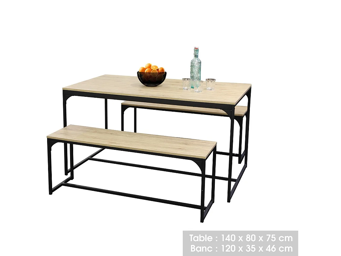 Eettafel Dock met 2 banken in lichte eiken imitatie, collectie RANONG - Afmetingen 140x35x46 cm