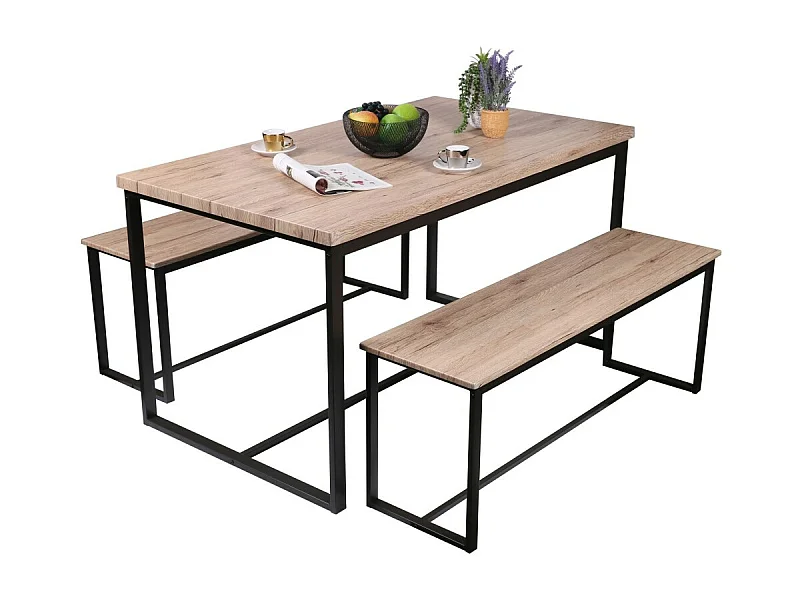 Industriële stijl houten en metalen set met tafel en twee banken Collectie DARYL - Tafel 140 cm en twee banken 120 cm