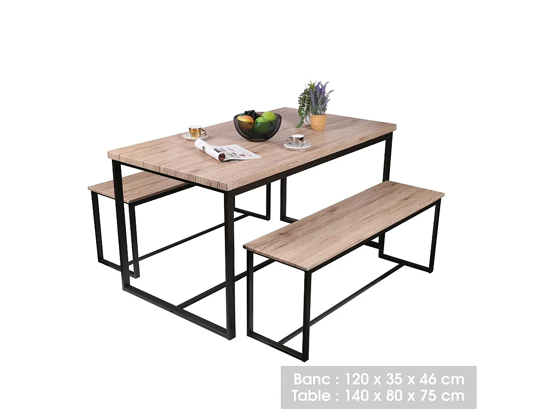 Ensemble table et deux bancs style industriel en bois et métal Collection DARYL – Table 140 cm et deux bancs 120 cm