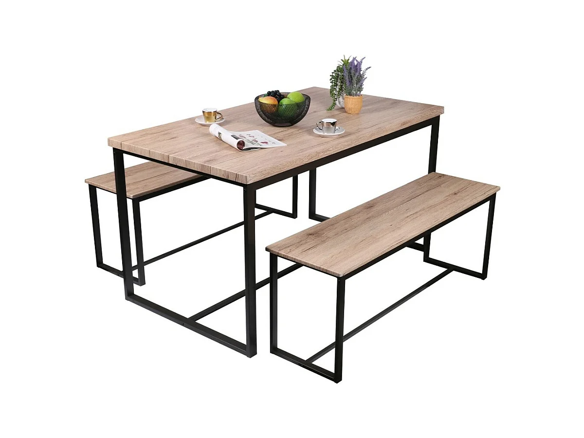 Ensemble table et deux bancs style industriel en bois et métal Collection DARYL – Table 140 cm et deux bancs 120 cm