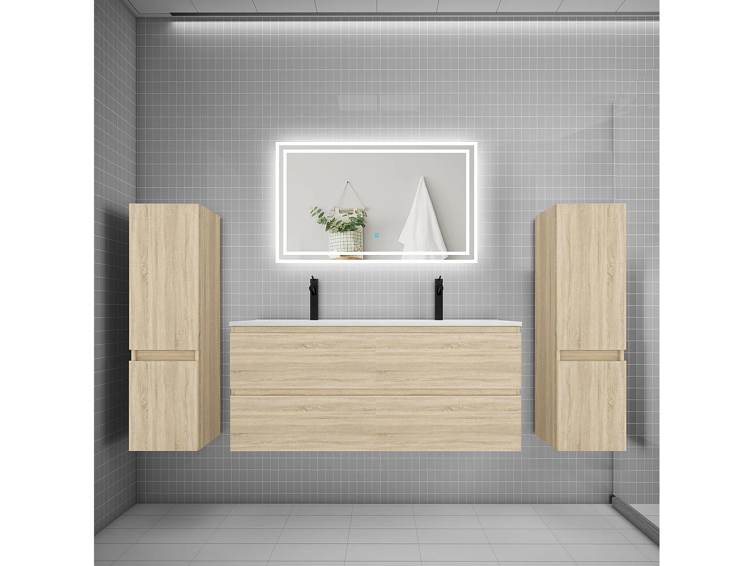 Ensemble meuble de salle de bains 120cm, double vasque + colonne + LED miroir,chêne