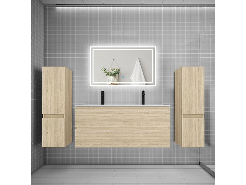 Ensemble meuble de salle de bains 120cm, double vasque + colonne + LED miroir,chêne