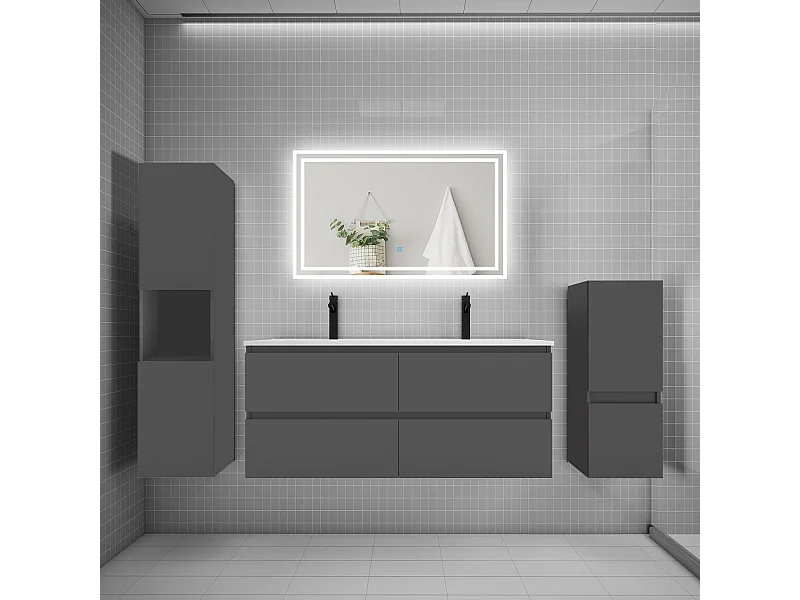 Ensemble meuble de salle de bain 120cm, double vasque + colonne + LED miroir,anthracite