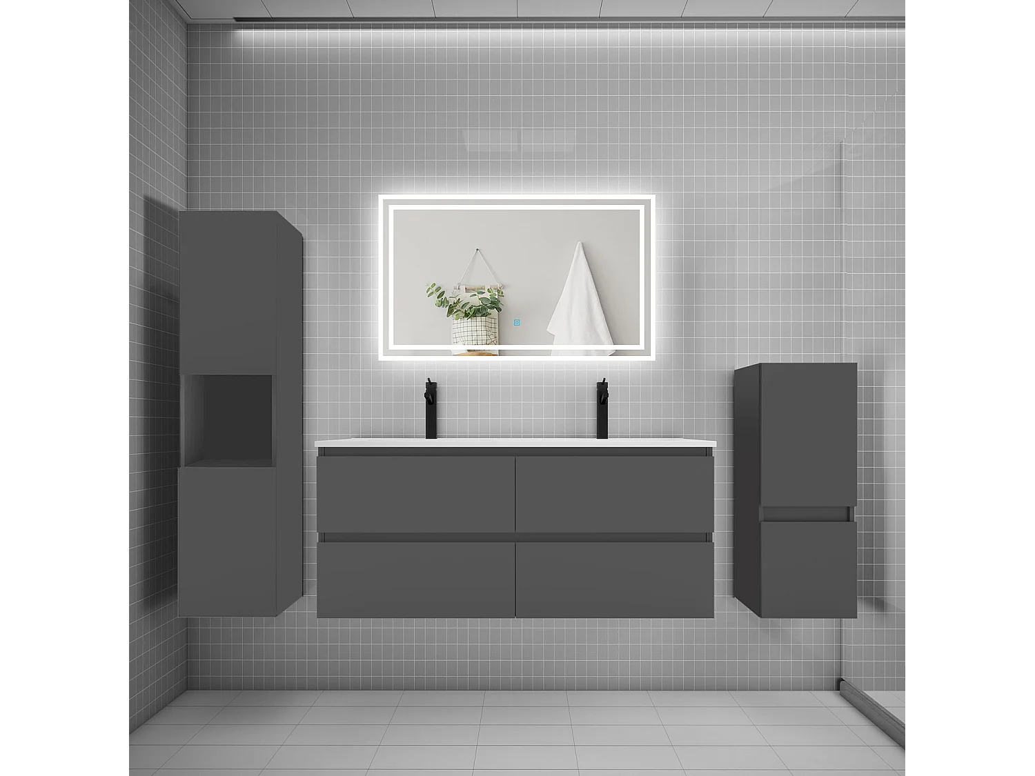 Ensemble meuble de salle de bain 120cm, double vasque + colonne + LED miroir,anthracite