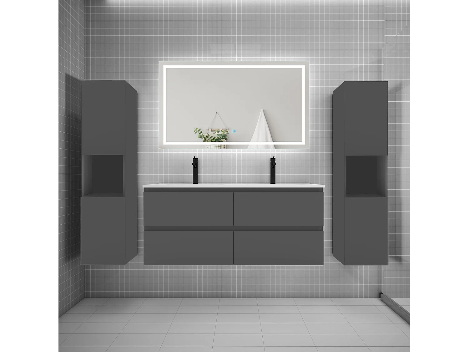 Ensemble meuble de salle de bains 120cm, vasque + colonne + LED miroir mural,anthracite