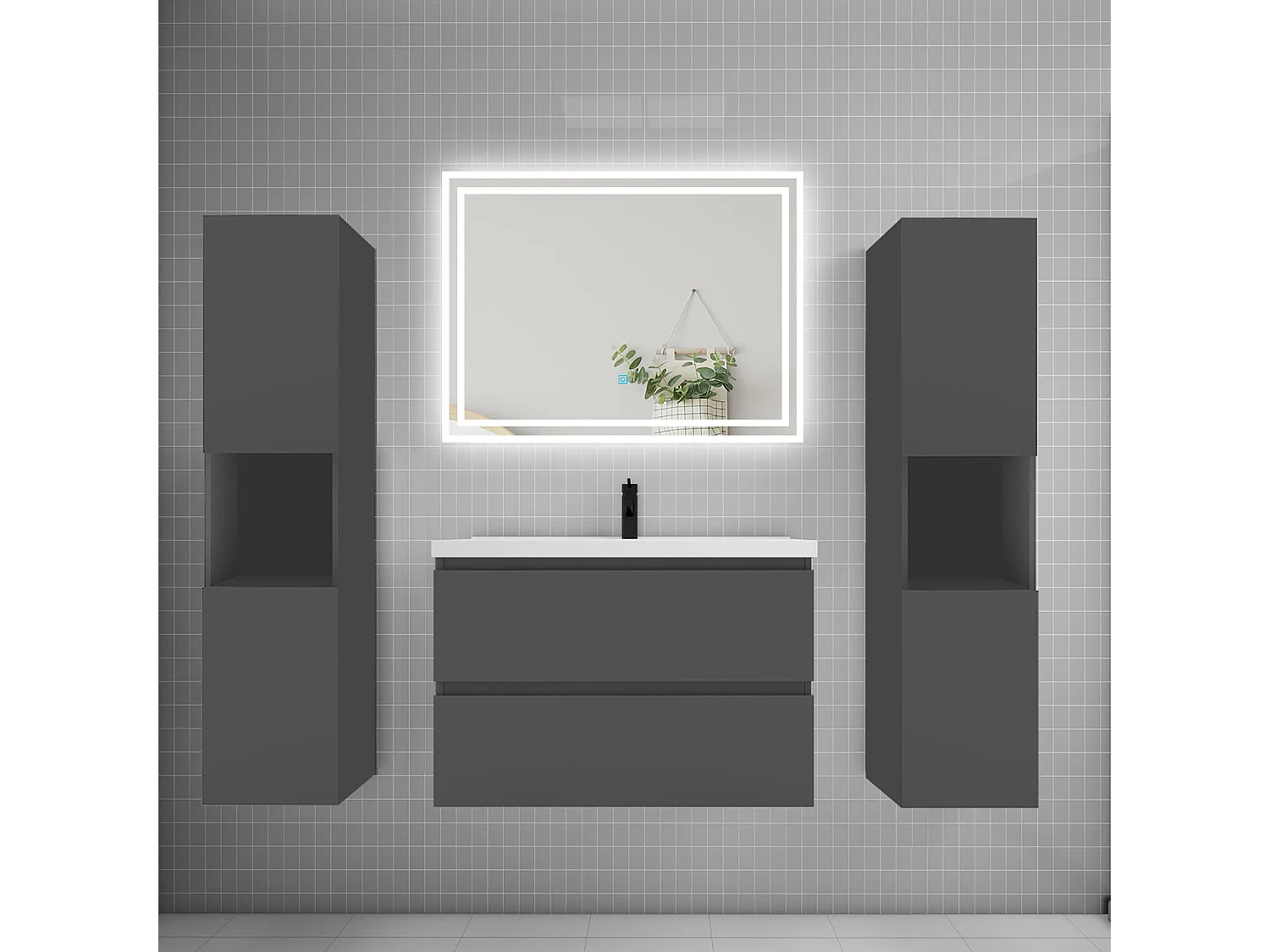 Ensemble meuble de salle de bains 80cm, simple vasque + colonne + LED miroir mural,anthracite