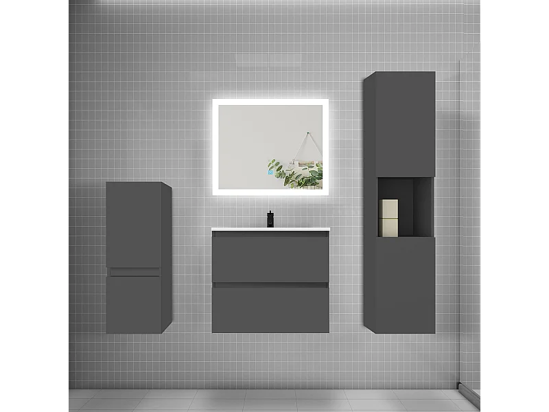 Ensemble meuble de salle de bain 60cm, vasque + colonne + LED miroir rectangulaire,anthracite